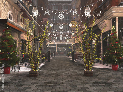 3D rendered Christmas decorated alley as a background image