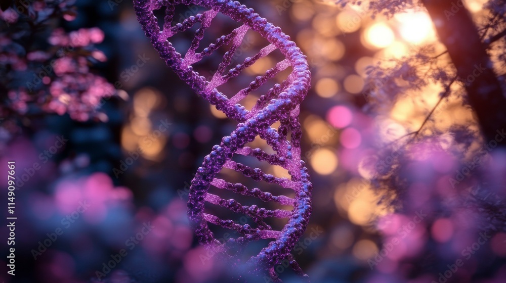 A detailed DNA double helix structure, illuminated by cool tones of blue and purple, with molecular patterns swirling around it in a high-tech style. A detailed DNA double helix structure, illuminated by cool tones of blue and purple, with molecular patterns swirling around it in a high-tech style.