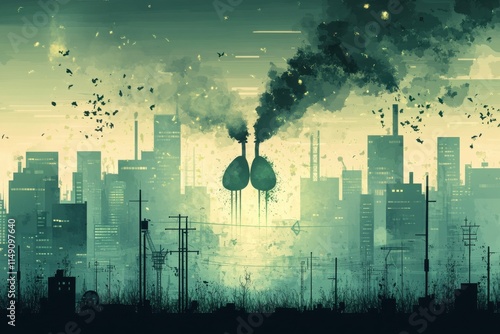 Conceptual Art Depicting the Respiratory System Blending into a Cityscape with Pollution, Showcasing a Muted Color Palette in a Flat Design Style photo