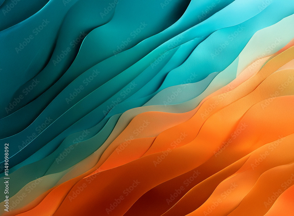 Abstract image featuring flowing, wavy layers of teal and orange hues. The colors blend seamlessly, creating a sense of depth and movement. Abstract image featuring flowing, wavy layers of teal and orange hues. The colors blend seamlessly, creating a sense of depth and movement.