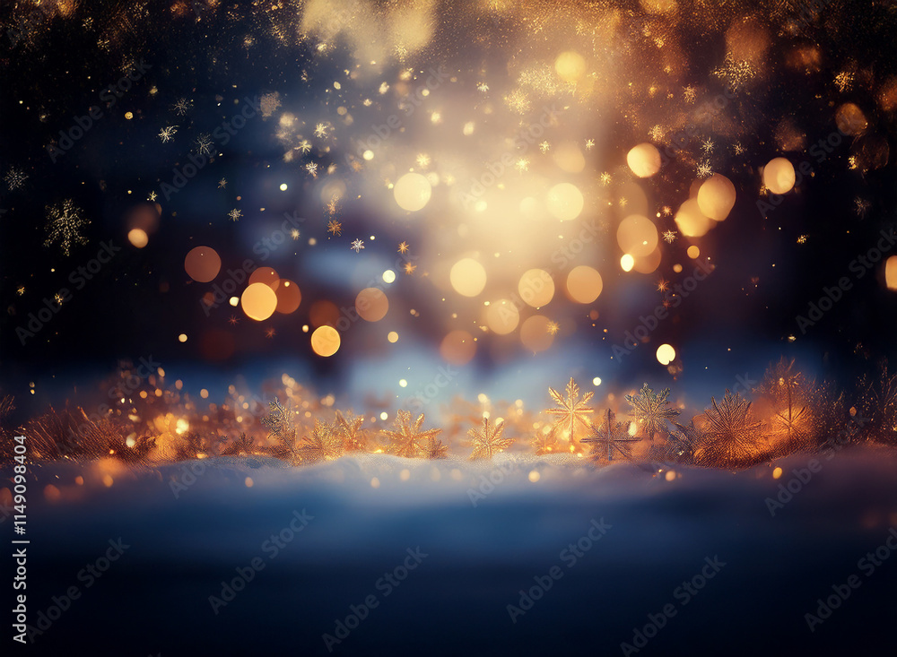 Magical winter scene. Sparkling lights and snowflakes illuminate a snowy landscape, creating a festive and enchanting ambiance. Gold and blue tones evoke a sense of wonder. Magical winter scene. Sparkling lights and snowflakes illuminate a snowy landscape, creating a festive and enchanting ambiance. Gold and blue tones evoke a sense of wonder.