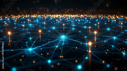 A dynamic neuron system illustration with glowing blue pathways, interconnected neural networks, and radiant synaptic activity in a digital style.