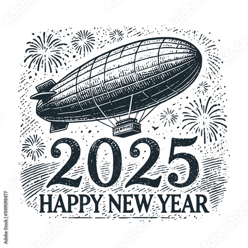  The Zeppelin Airship. 2025 happy new year. Black white logo icon vector isolated. 