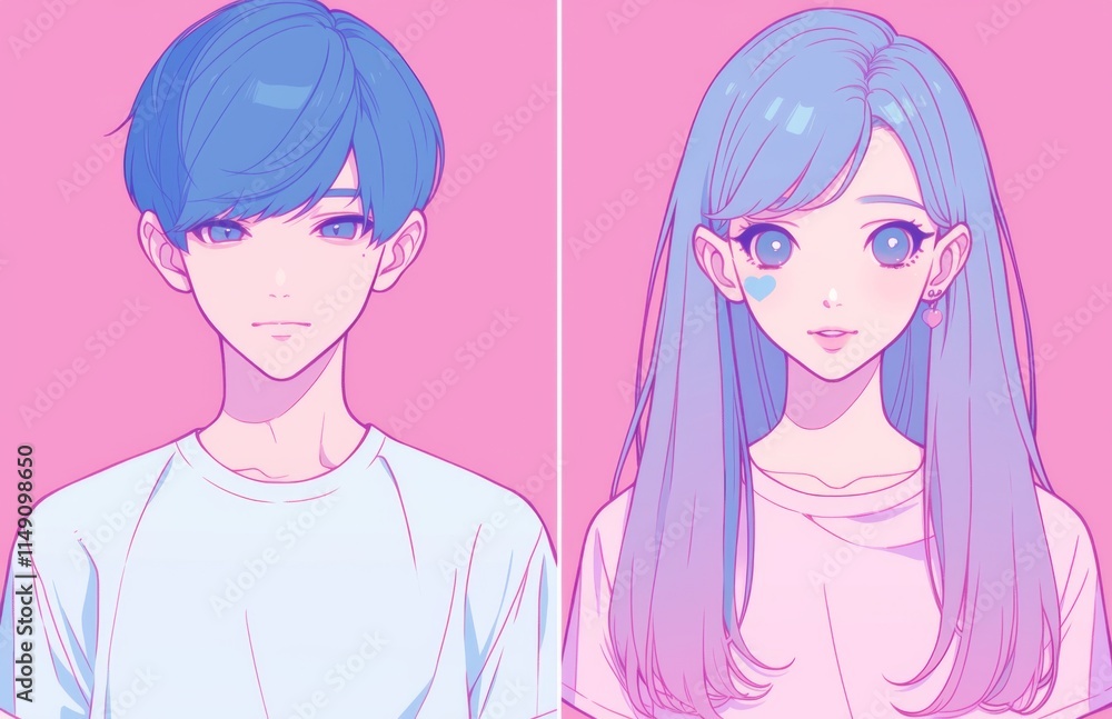 : A cute couple in anime style: a boy with blue hair in a white T-shirt and a girl with long purple hair in a pink shirt : A cute couple in anime style: a boy with blue hair in a white T-shirt and a girl with long purple hair in a pink shirt