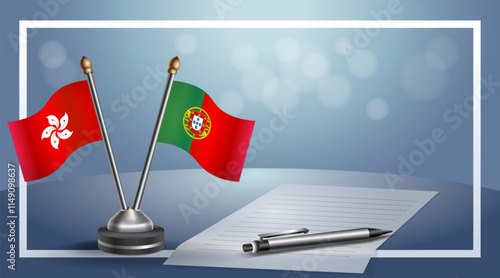 Hong Kong and Portugal National flags on small table with bokeh background, cooperative relationship