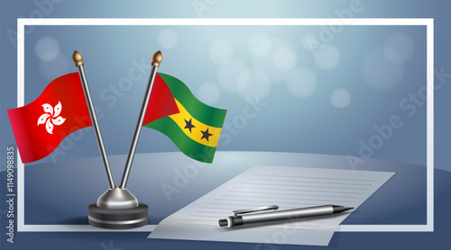 Hong Kong and  National flags on small table with bokeh background, cooperative relationship