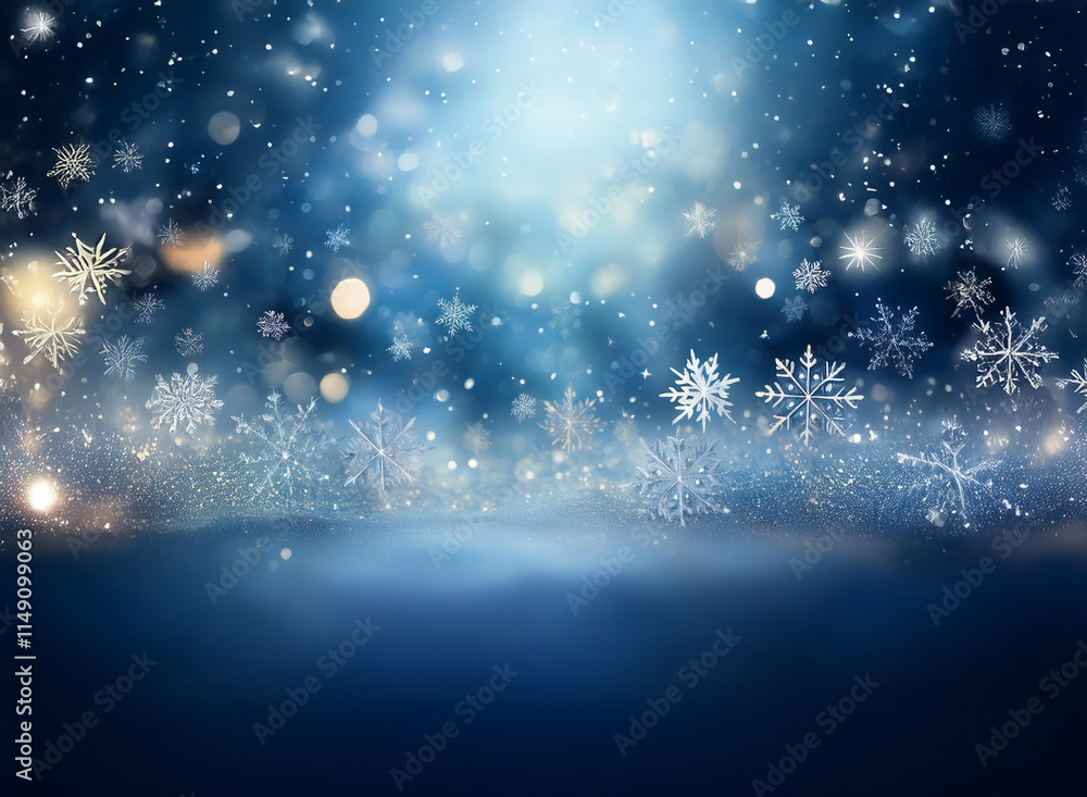 Naklejka premium A magical winter scene with falling snowflakes and shimmering lights creates a dreamy, festive atmosphere. Perfect for holiday backgrounds.