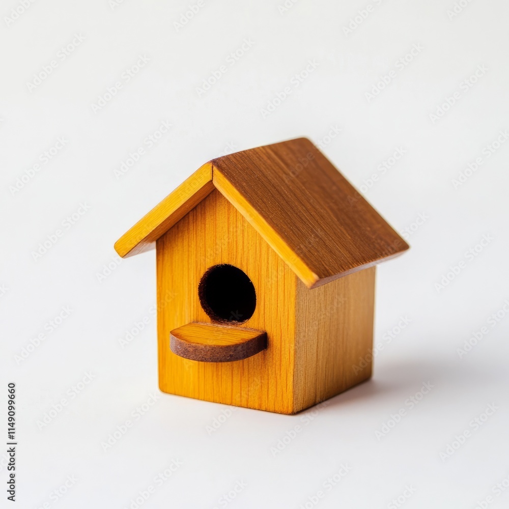 A tiny wooden birdhouse with a perch on a white background A tiny wooden birdhouse with a perch on a white background