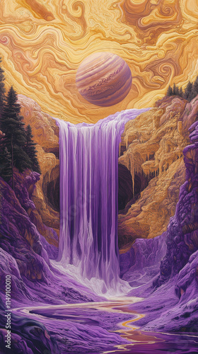 Terraformed Jupiter, Purple Waterfall, Yellow Sky, New World, Art Nouveau