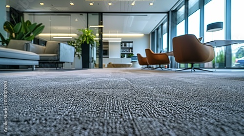 Modern Office Lobby with Gray Carpet, Lounge Seating, and Large Windows