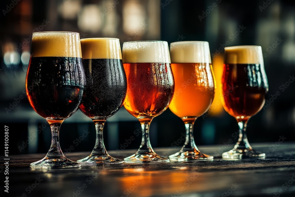 Diverse selections of draught beer showcased in glasses. Diverse selections of draught beer showcased in glasses.