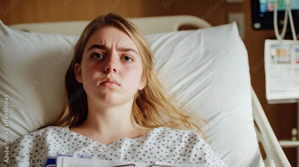 Teenager lying in a hospital bed, appearing weary and contemplative, reflecting on resilience and hope amidst challenging times. Teenager lying in a hospital bed, appearing weary and contemplative, reflecting on resilience and hope amidst challenging times.