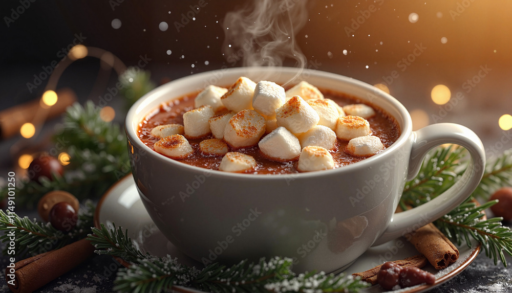 Hot chocolate with toasted marshmallows and festive decor Hot chocolate with toasted marshmallows and festive decor