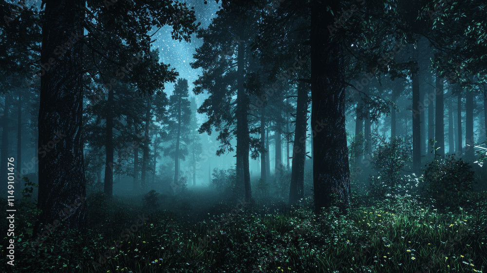 Starry Night Forest: Mystical Dark Woods, Deep Blue Hues, 3D Render Starry Night Forest: Mystical Dark Woods, Deep Blue Hues, 3D Render