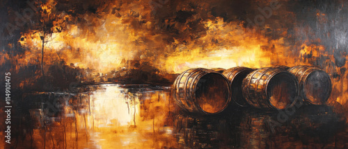 Whisky Barrels at Dusk: Impressionistic Painting of Aged Spirits