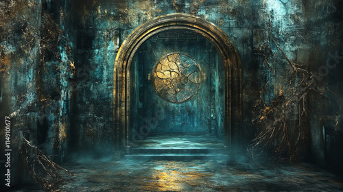 Dark Fantasy Archway: Teal, Gold, and Metallic 3D Rendering