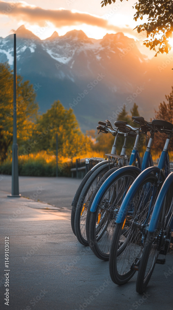 Obraz premium Sunset Mountain Bikes: Shared Cycling Adventure