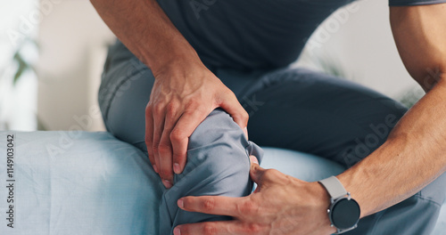 Obraz na plátně Pain, knee and person with hands on injury for problem, inflammation or arthritis disease