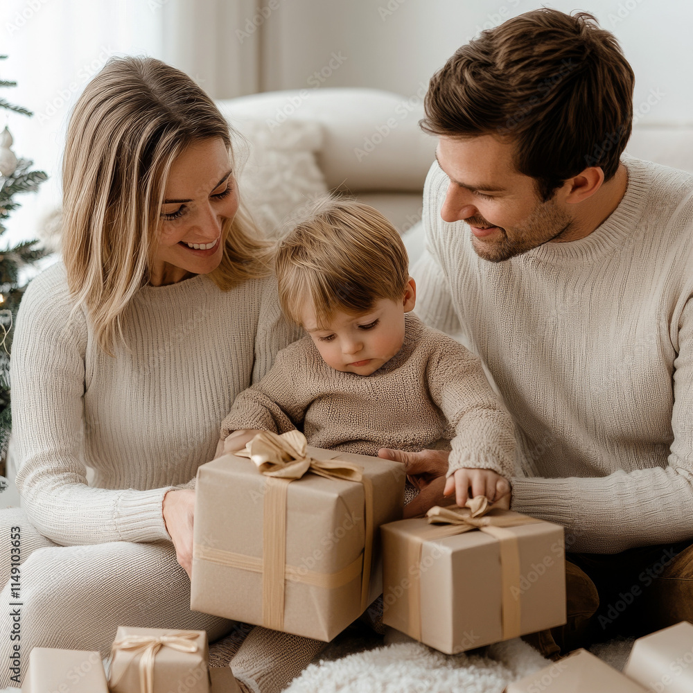 Christmas Eve Family Opening Presents Minimalist
