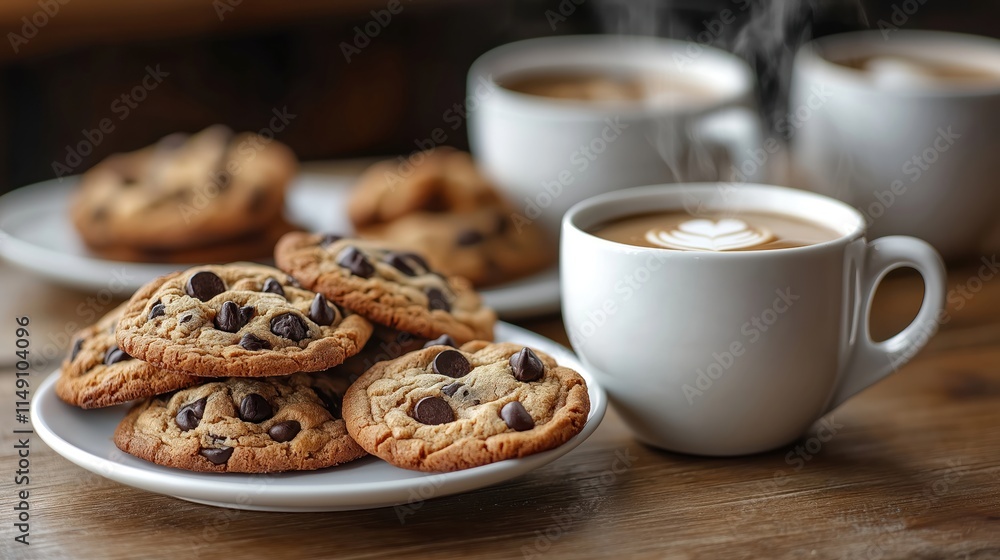 Freshly baked chocolate chip cookies stacked on white plate beside steaming mug of coffee with latte art. Delicious homemade treats. Perfect for cozy breakfast afternoon snack. Sweet, hot food Freshly baked chocolate chip cookies stacked on white plate beside steaming mug of coffee with latte art. Delicious homemade treats. Perfect for cozy breakfast afternoon snack. Sweet, hot food