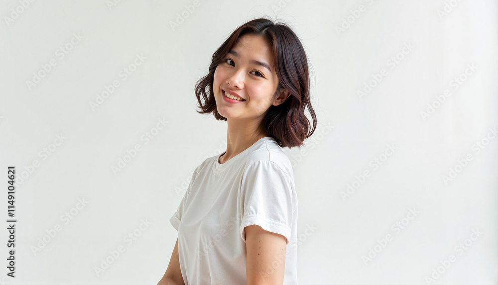 Smiling woman in casual white t-shirt against white background Smiling woman in casual white t-shirt against white background