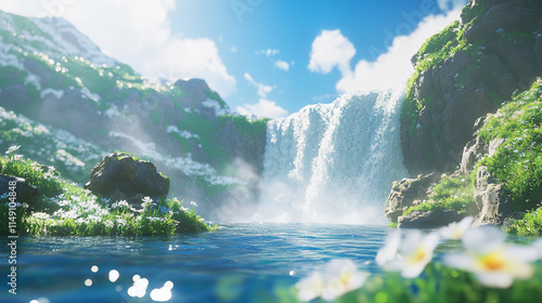 Serene Waterfall Landscape: Vibrant Green, Blue Sky, 3D Render