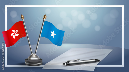 Hong Kong and Somalia National flags on small table with bokeh background, cooperative relationship