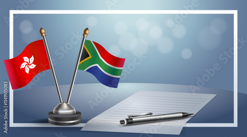 Hong Kong and South Africa National flags on small table with bokeh background, cooperative relationship