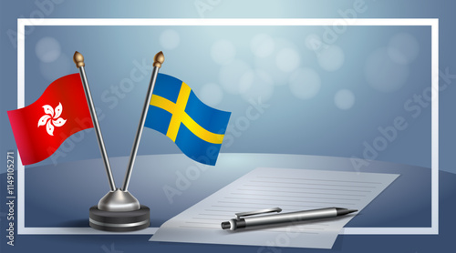 Hong Kong and Sweden National flags on small table with bokeh background, cooperative relationship