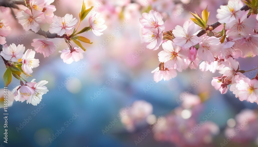 春の美しい桜の木と花びらと空の背景。AIで生成 春の美しい桜の木と花びらと空の背景。AIで生成