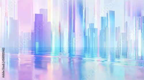 Holographic Cityscape, Neon Reflections, Iridescent Colors, Cool Blue and White Hues, 3D Render