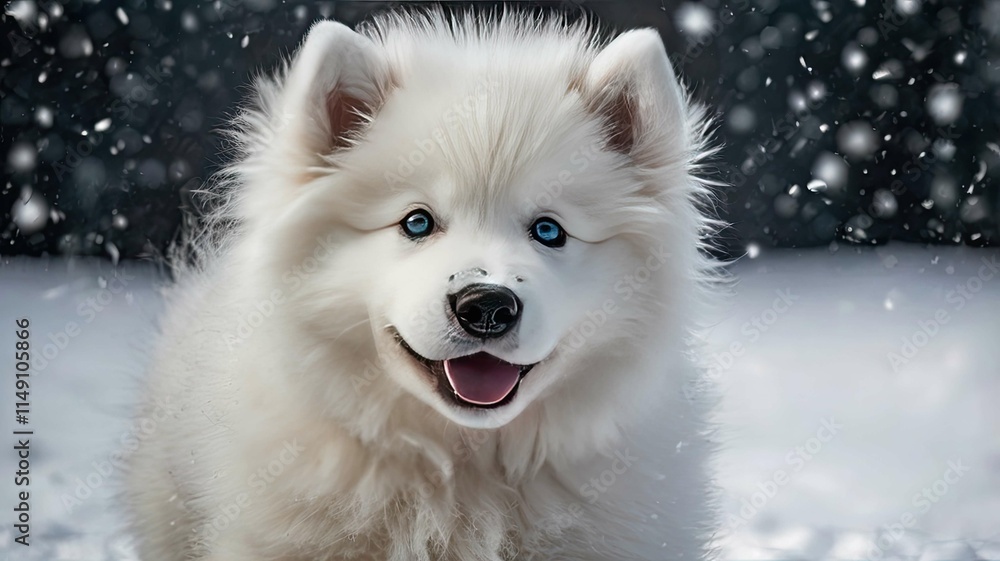 Fototapeta premium Cute adorable dog in a winter landscape: a fluffy little one sits on the snow, surrounded by snowflakes, creating an atmosphere of coziness and tranquility.