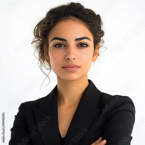 Confident Arab Businesswoman Portrait: Black Blazer, White Background