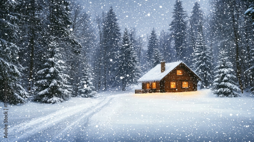 Naklejka premium Cozy Winter Cabin Surrounded by Snowy Pine Trees in Night Scene