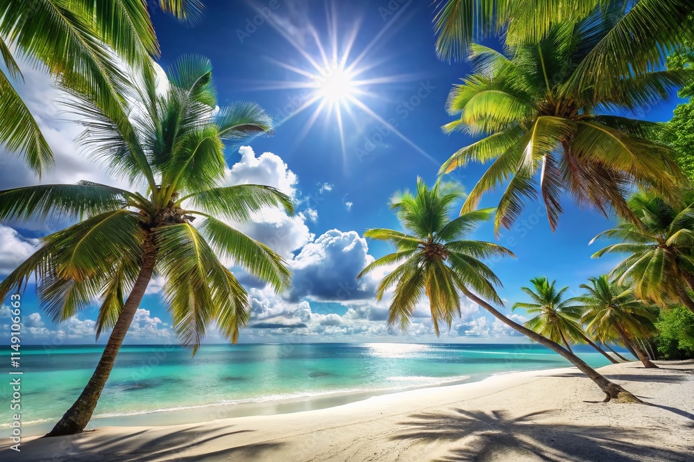 Fototapeta premium Idyllic Tropical Beach Summer Scene: Turquoise Sea, White Sand, Lush Palms