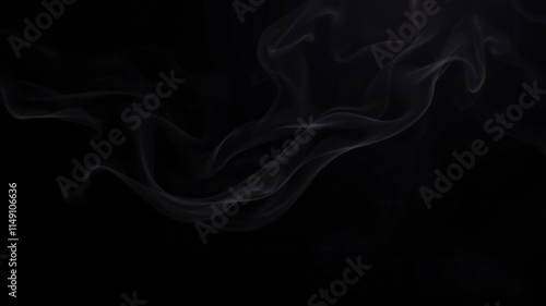 Abstract swirling white smoke on a dark black background creating a mysterious and ethereal atmosphere, elegant, motion, dynamic