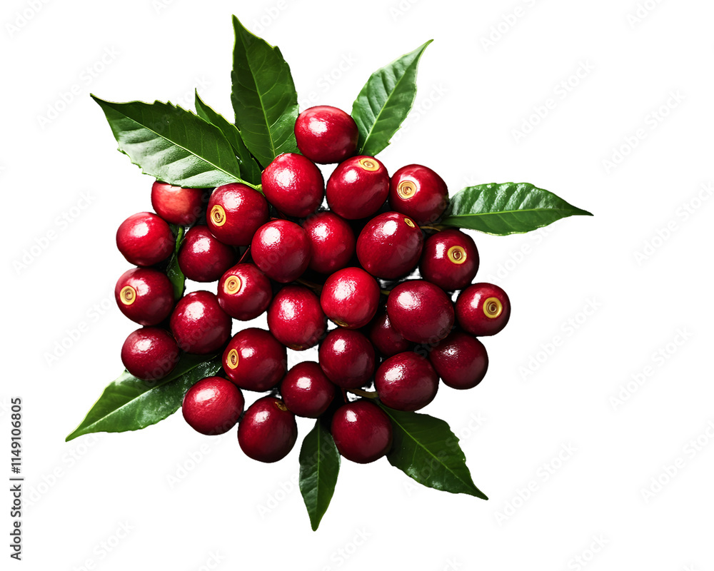 Obraz premium Coffee Cherries with Green Leaves Isolated On A White Background, PNG Transparent