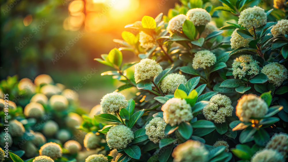 Lush green foliage with blooming flowers in vibrant sunset setting, creating serene and peaceful atmosphere. beauty of nature is captured in this enchanting scene Lush green foliage with blooming flowers in vibrant sunset setting, creating serene and peaceful atmosphere. beauty of nature is captured in this enchanting scene