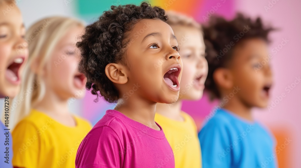 Multiracial children sing joyfully in colorful choir setting. Children of different ethnicities singing with happy expressions. Vibrant colors in background create cheerful atmosphere. Moment of Multiracial children sing joyfully in colorful choir setting. Children of different ethnicities singing with happy expressions. Vibrant colors in background create cheerful atmosphere. Moment of