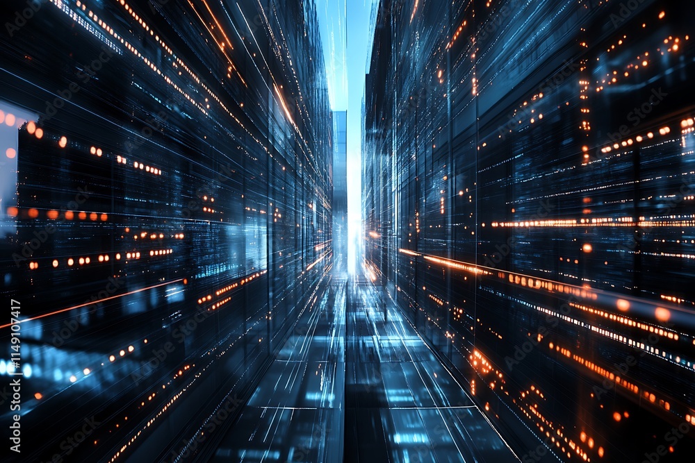 Digital Cityscape, Futuristic Data Center Tunnel. Concept of technology, data, and the future. Digital Cityscape, Futuristic Data Center Tunnel. Concept of technology, data, and the future.