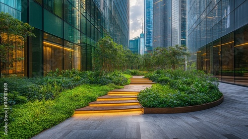 A multi-layered image showcasing a cityscape with vibrant green plants, highlighting the trend of sustainability in business and the growing importance of incorporating nature into urban planning.