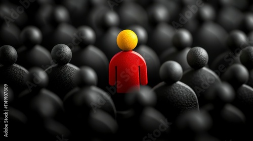 A bold, colorful figure standing apart from a group of monochrome silhouettes, representing how innovation can set a business apart in a competitive market.