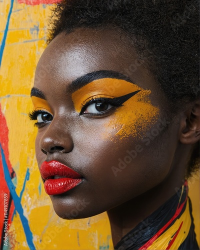 A striking portrait showcasing bold artistic makeup against a vibrant background, ideal for fashion campaigns, art events, or cultural celebration. photo