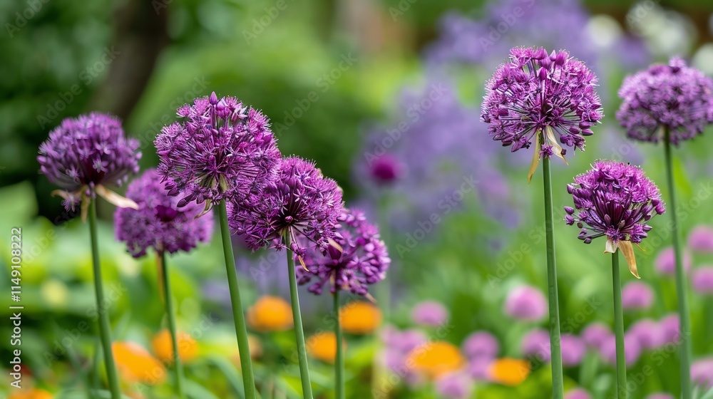 Obraz premium Purple Allium Flowers in a Garden