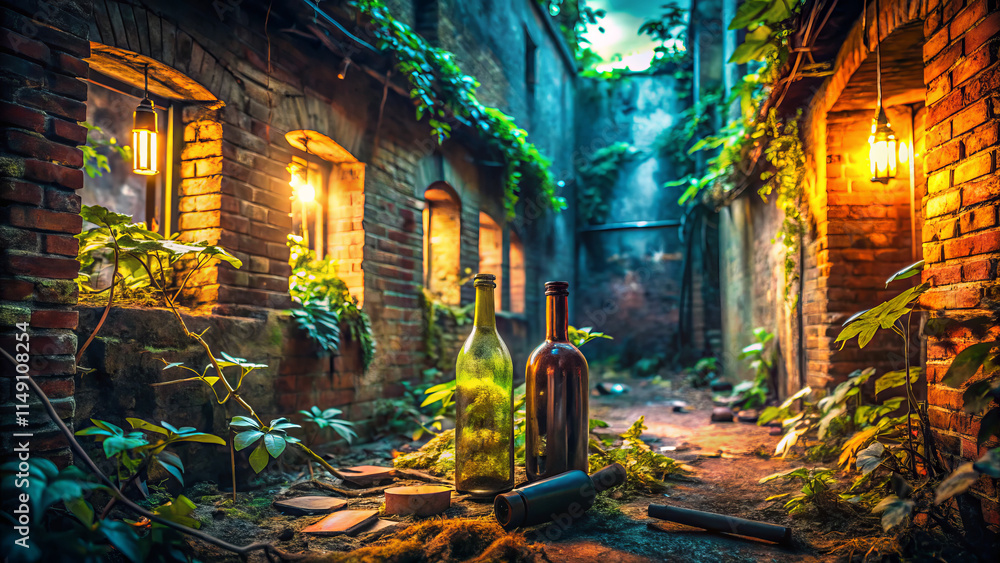 Obraz premium Abandoned urban space with bottles and greenery, illuminated by warm light. scene evokes sense of mystery and exploration in forgotten environment