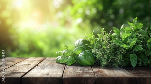 Fresh herbs on rustic wooden table, sunlit garden background.