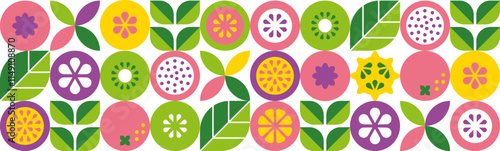 Tropical fruits, leaves and slices. Modern seamless pattern. Abstract geometric background. Set of vector icons in simple flat style. Isolated elements. 