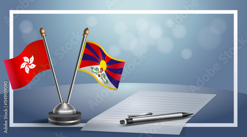 Hong Kong and Tibet National flags on small table with bokeh background, cooperative relationship
