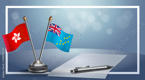 Hong Kong and Tuvalu National flags on small table with bokeh background, cooperative relationship
