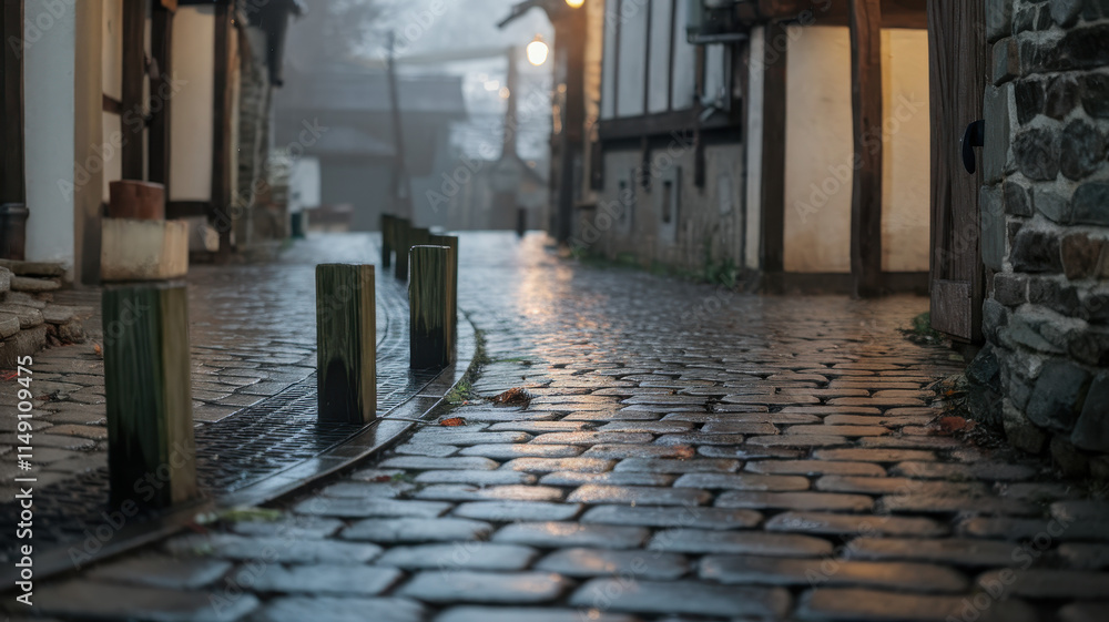 Fototapeta premium A tranquil cobblestone street in a quaint village, illuminated by soft streetlights during a foggy evening.